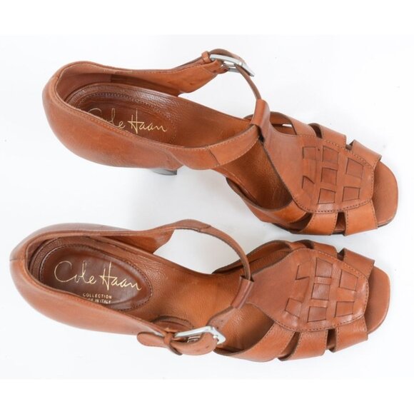 Cole Haan Women's 9.5 Brown Leather Open Toe Strappy Block High Heel Sandals - Picture 5 of 9